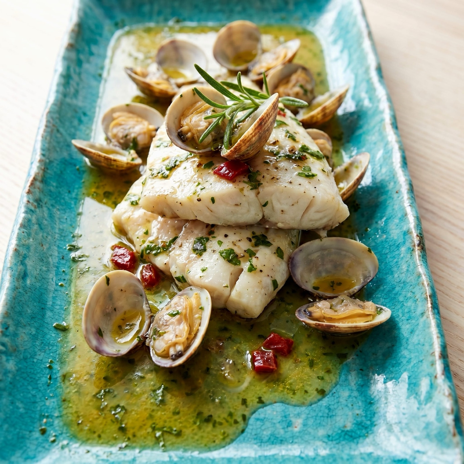 Merluza con almejas en plato azul